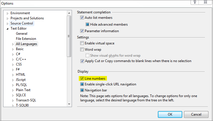 Turn on Line numbers using settings